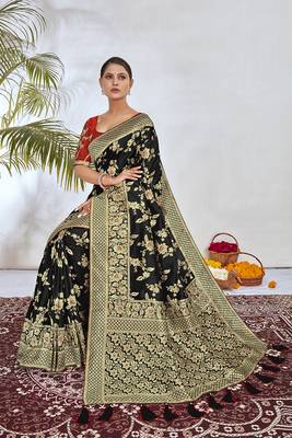 Banarasi silk blend zari woven saree and embroidered work blouse piece 3