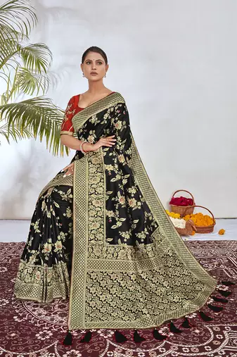 Banarasi silk blend zari woven saree and embroidered work blouse piece
