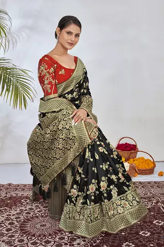Banarasi silk blend zari woven saree and embroidered work blouse piece