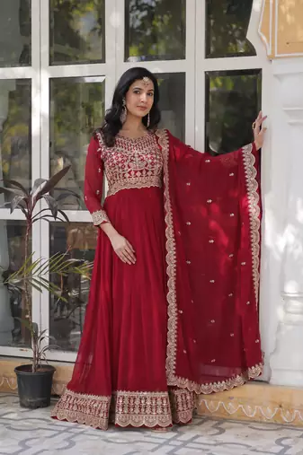 Maroon Designer Trending Georgette Gown Dupatta Collection With Sequins Embroidered Work