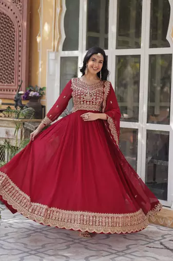 Maroon Designer Trending Georgette Gown Dupatta Collection With Sequins Embroidered Work