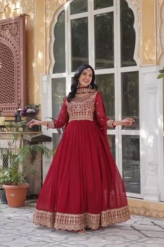 Maroon Designer Trending Georgette Gown Dupatta Collection With Sequins Embroidered Work