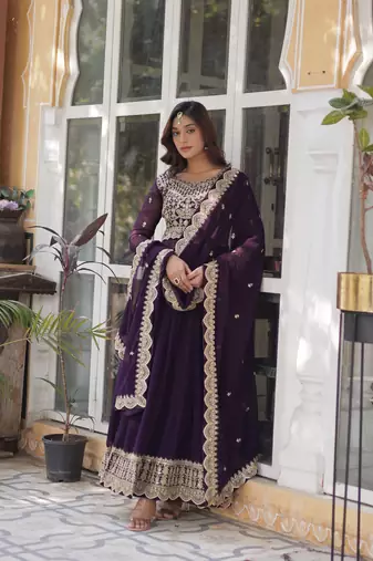 Wine Designer Trending Georgette Gown Dupatta Collection With Sequins Embroidered Work