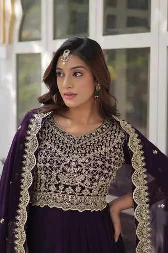 Wine Designer Trending Georgette Gown Dupatta Collection With Sequins Embroidered Work