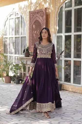 Wine Designer Trending Georgette Gown Dupatta Collection With Sequins Embroidered Work