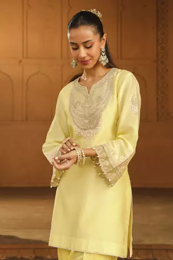 Mehnoor ashira lemon yellow short kurta with salwar set