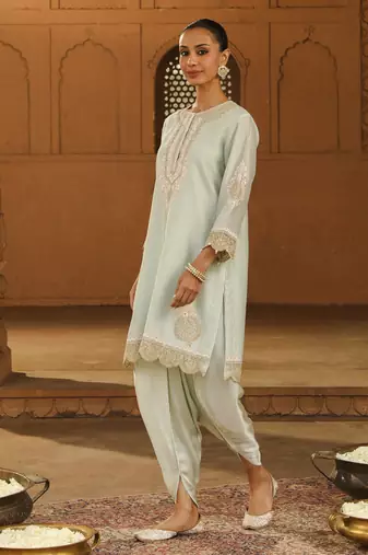 Mehnoor Ernika Misty Green Short Kurta With Dhoti Set