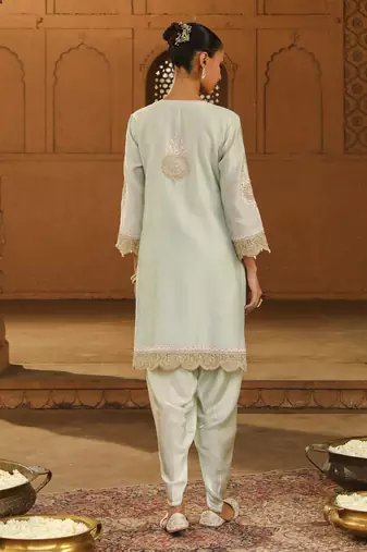 Mehnoor Ernika Misty Green Short Kurta With Dhoti Set