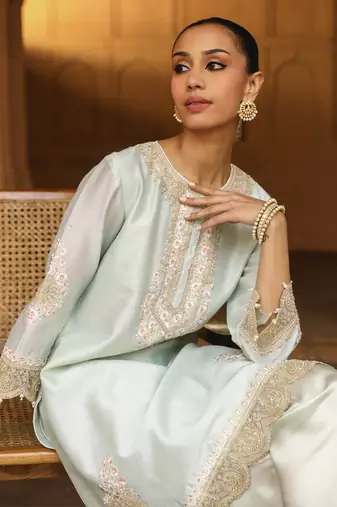 Mehnoor Ernika Misty Green Short Kurta With Dhoti Set