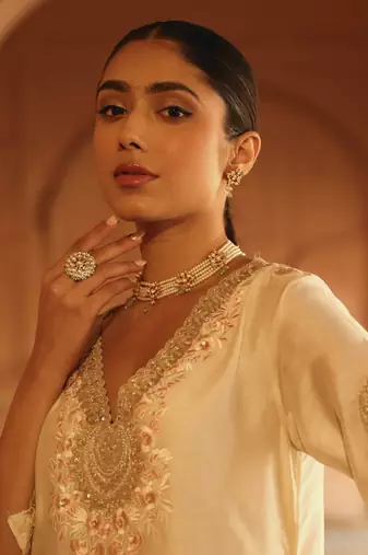 Mehnoor Akira Daisy Ivory A-Line Chauga With Salwar Set