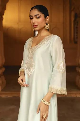Mehnoor Sanvi Misty Green A-Line Chauga With Salwar Set