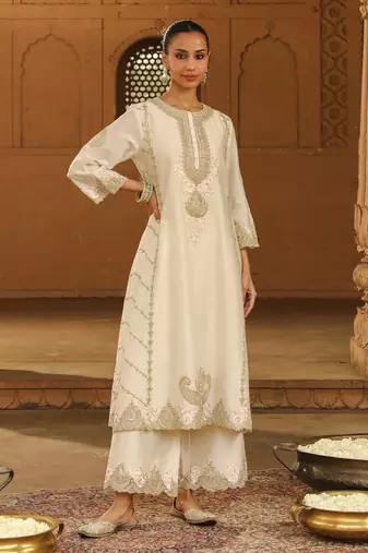 Mehnoor Yusra Daisy Ivory A-Line Palazzo Suit With Dupatta Set
