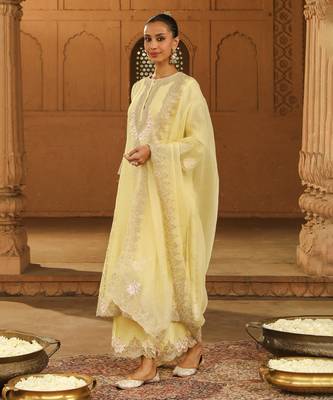 Mehnoor Yusra Lemon Yellow A-Line Palazzo Suit With Dupatta Set 1