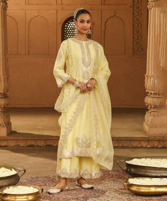 Mehnoor Yusra Lemon Yellow A-Line Palazzo Suit With Dupatta Set 2