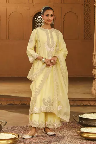 Mehnoor Yusra Lemon Yellow A-Line Palazzo Suit With Dupatta Set