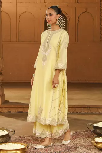 Mehnoor Yusra Lemon Yellow A-Line Palazzo Suit With Dupatta Set
