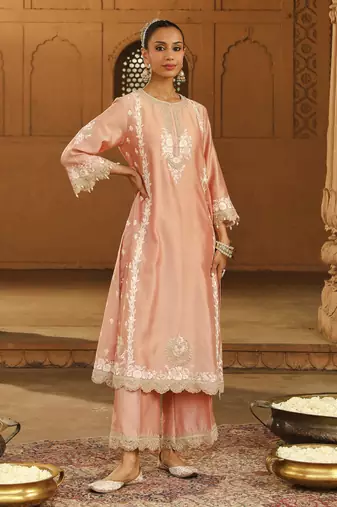 Mehnoor Yasna Off-Rose A-Line Palazzo Suit With Dupatta Set