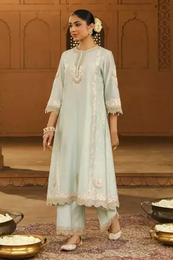 Mehnoor Yasna Misty Green A-Line Palazzo Suit With Dupatta Set