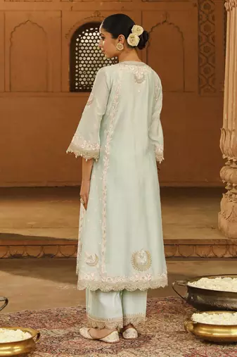 Mehnoor Yasna Misty Green A-Line Palazzo Suit With Dupatta Set