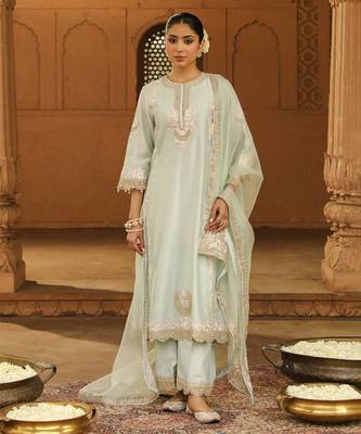 Mehnoor Yasna Misty Green A-Line Palazzo Suit With Dupatta Set 1