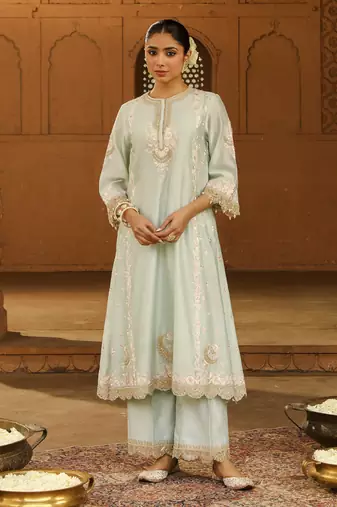 Mehnoor Yasna Misty Green A-Line Palazzo Suit With Dupatta Set