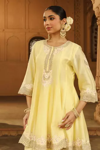 Mehnoor Faria Lemon Yellow Short Anarkali With Salwar And Dupatta Set