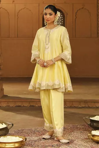 Mehnoor Faria Lemon Yellow Short Anarkali With Salwar And Dupatta Set