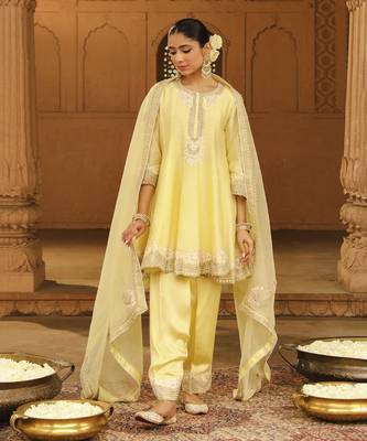 Mehnoor Faria Lemon Yellow Short Anarkali With Salwar And Dupatta Set 1
