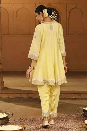 Mehnoor Faria Lemon Yellow Short Anarkali With Salwar And Dupatta Set