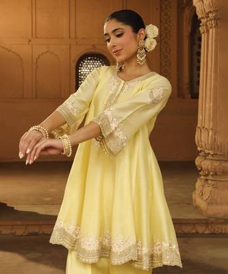 Mehnoor Faria Lemon Yellow Short Anarkali With Salwar And Dupatta Set 5