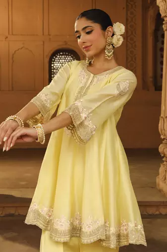Mehnoor Faria Lemon Yellow Short Anarkali With Salwar And Dupatta Set