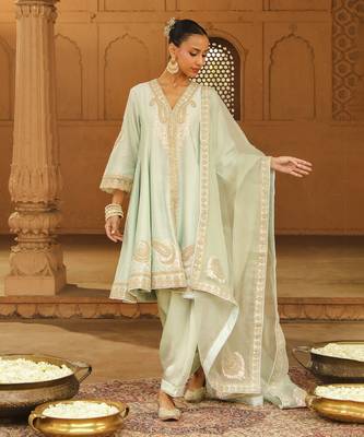 Ivory Silk Chanderi Anarkali Punjabi Salwar Suit 1