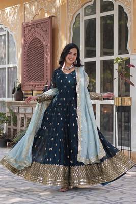 Dark teal Embroidery Work Gown With Dupatta 1