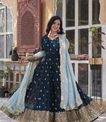 Dark teal Embroidery Work Gown With Dupatta