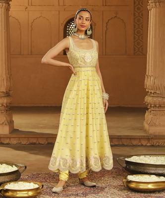 Mehnoor Wafiya Lemon Yellow Long Anarkali With Chooridaar And Dupatta Set 2
