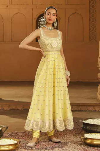 Mehnoor Wafiya Lemon Yellow Long Anarkali With Chooridaar And Dupatta Set