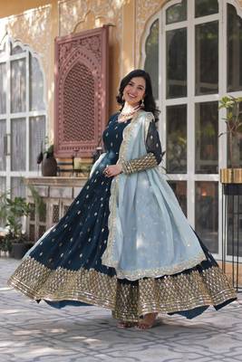 Dark teal Embroidery Work Gown With Dupatta 3