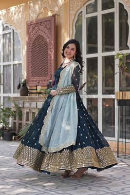 Dark teal Embroidery Work Gown With Dupatta 4