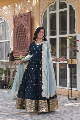 Dark teal Embroidery Work Gown With Dupatta 5