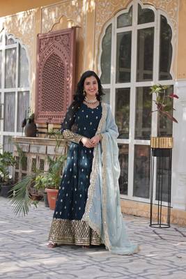 Dark teal Embroidery Work Gown With Dupatta 6