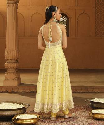 Mehnoor Wafiya Lemon Yellow Long Anarkali With Chooridaar And Dupatta Set 3