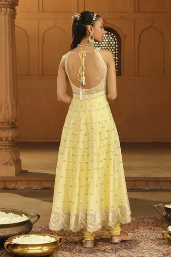 Mehnoor Wafiya Lemon Yellow Long Anarkali With Chooridaar And Dupatta Set