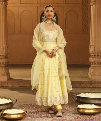Mehnoor Wafiya Lemon Yellow Long Anarkali With Chooridaar And Dupatta Set 1