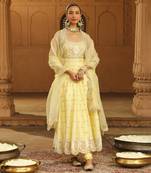 Mehnoor Wafiya Lemon Yellow Long Anarkali With Chooridaar And Dupatta Set