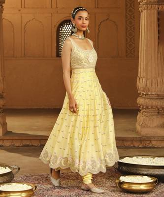 Mehnoor Wafiya Lemon Yellow Long Anarkali With Chooridaar And Dupatta Set 4