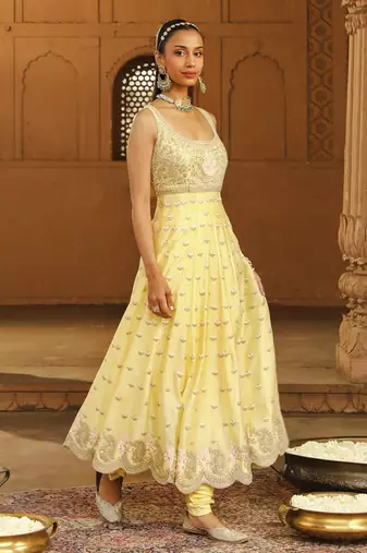 Mehnoor Wafiya Lemon Yellow Long Anarkali With Chooridaar And Dupatta Set