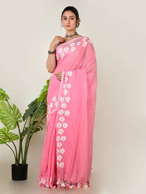 Aakar pink handloom cotton saree with handcrafted floral art 1