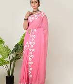 Aakar pink handloom cotton saree with handcrafted floral art