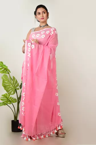 Aakar pink handloom cotton saree with handcrafted floral art