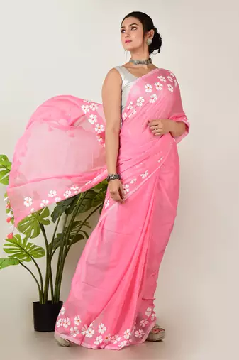 Aakar pink handloom cotton saree with handcrafted floral art